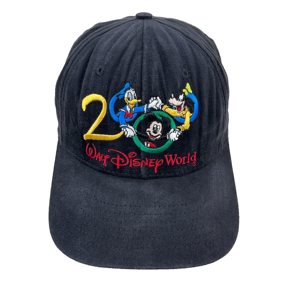 Vintage Disney Hat Cap Strap Back Black Faded 2000 Y2K Mickey Goofy Donald Mens